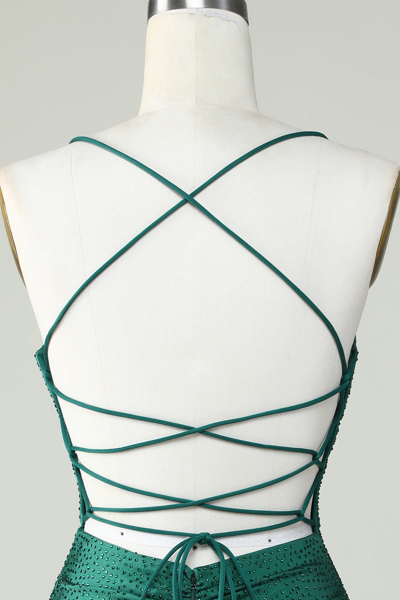 Load image into Gallery viewer, Sheath Spaghetti Straps Dark Green Short Prom Dress with Beading