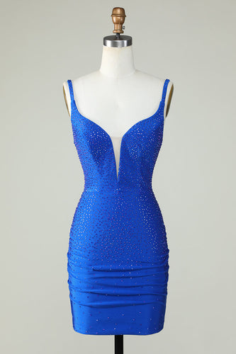 Bodycon Deep V Neck Royal Blue Short Prom Dress with Beading