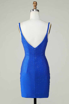 Bodycon Deep V Neck Royal Blue Short Prom Dress with Beading