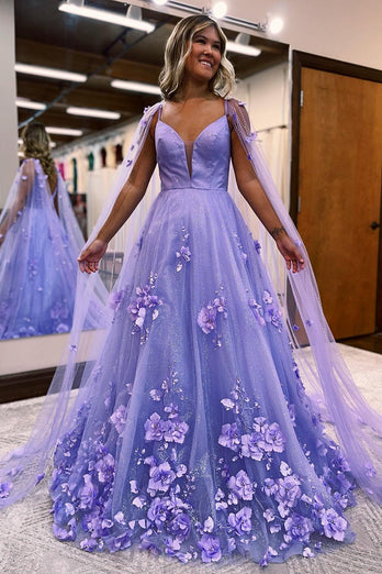 Glitter Purple A-Line Long Prom Dress with 3D Flowers