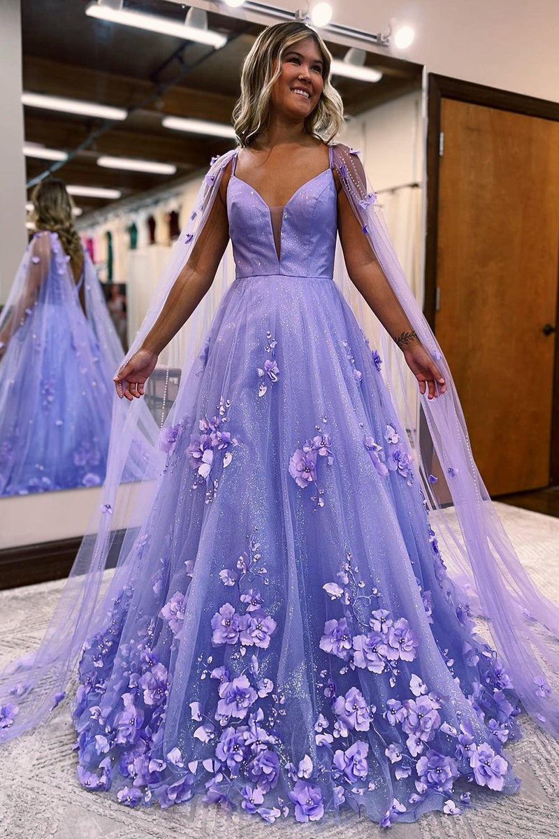 Load image into Gallery viewer, Glitter Purple A-Line Long Prom Dress with 3D Flowers