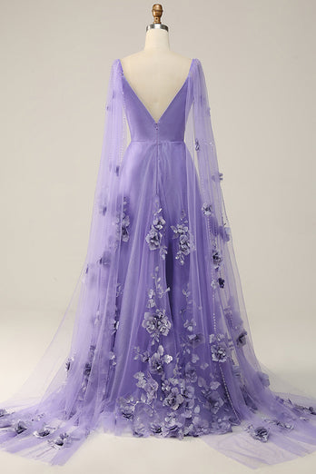 Glitter Purple A-Line Long Prom Dress with 3D Flowers