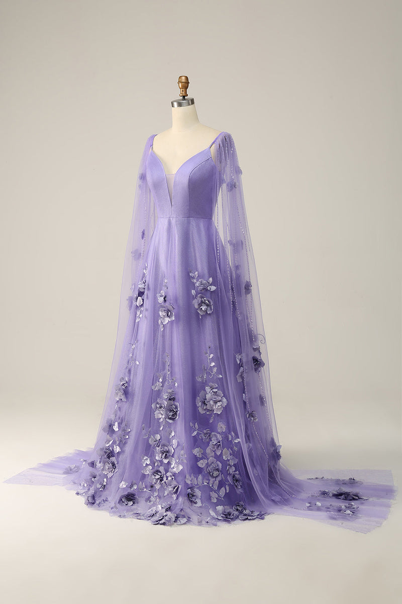 Load image into Gallery viewer, Glitter Purple A-Line Long Prom Dress with 3D Flowers