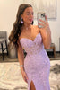 Load image into Gallery viewer, Purple Corset Sweetheart Long Lace Prom Dress with Slit