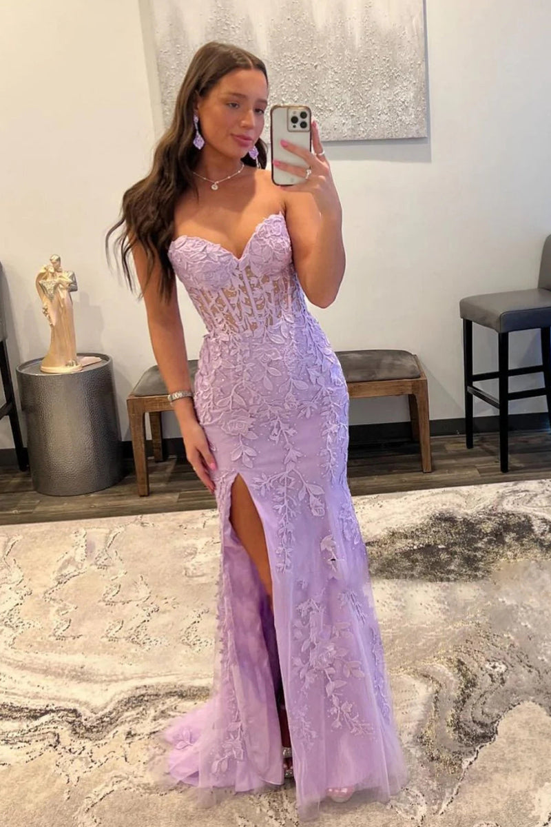 Load image into Gallery viewer, Purple Corset Sweetheart Long Lace Prom Dress with Slit