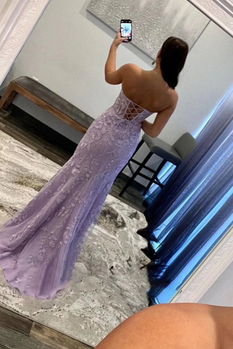 Load image into Gallery viewer, Purple Corset Sweetheart Long Lace Prom Dress with Slit