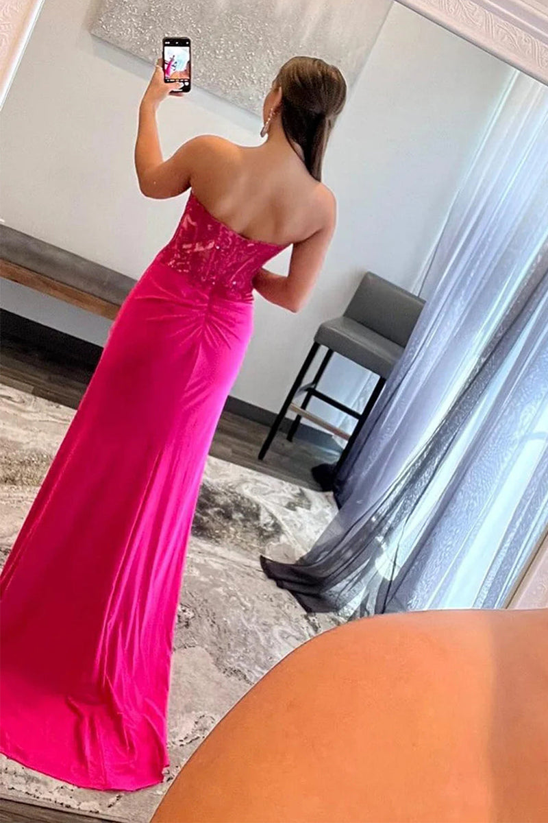 Queendancer Women Hot Pink Corset Prom Dress with Slit Spaghetti Straps  Satin Party Dress – queendanceruk