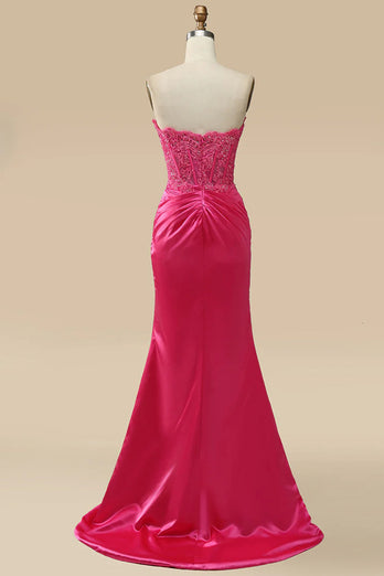 Sparkly Hot Pink Corset Long Prom Dress with Slit