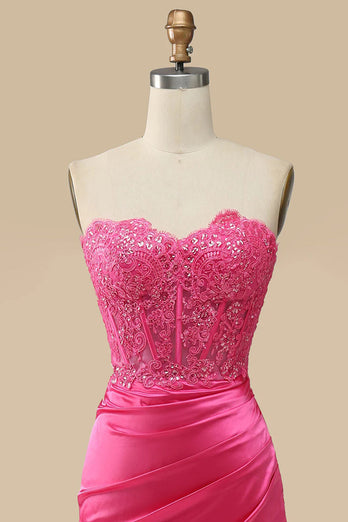 Sparkly Hot Pink Corset Long Sheath Prom Dress with Slit