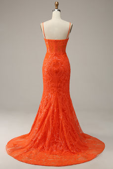 Mermaid Spaghetti Straps Sparkly Orange Sequins Long Prom Dress with Slit Front