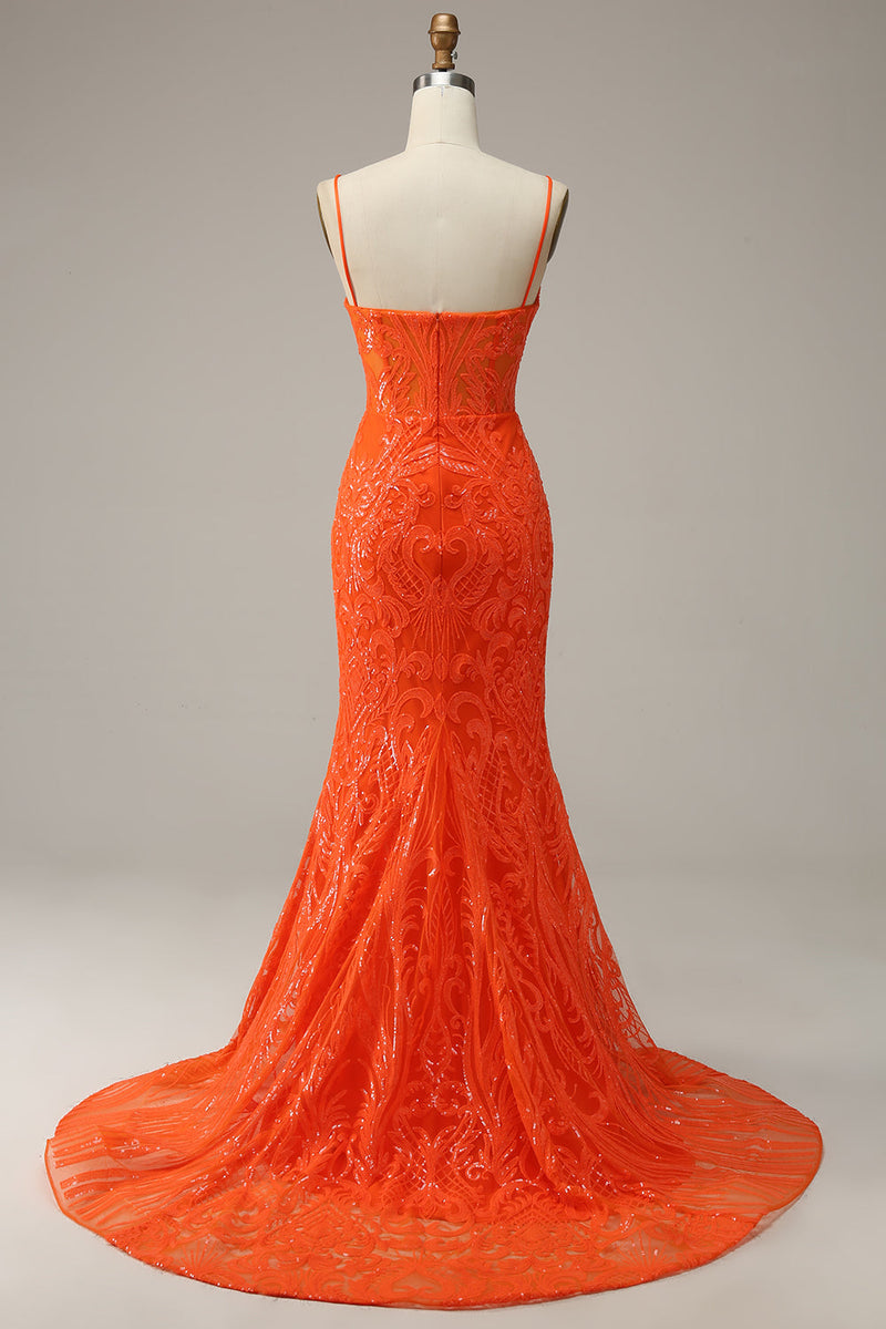 Load image into Gallery viewer, Mermaid Spaghetti Straps Sparkly Orange Sequins Long Prom Dress with Slit Front