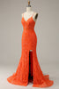 Load image into Gallery viewer, Mermaid Spaghetti Straps Sparkly Orange Sequins Long Prom Dress with Slit Front