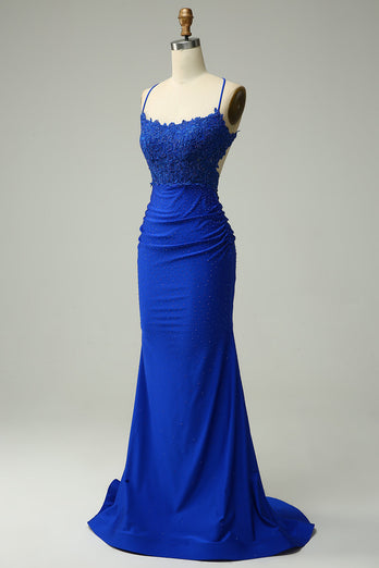 Mermaid Halter Royal Blue Long Prom Dress with Beading