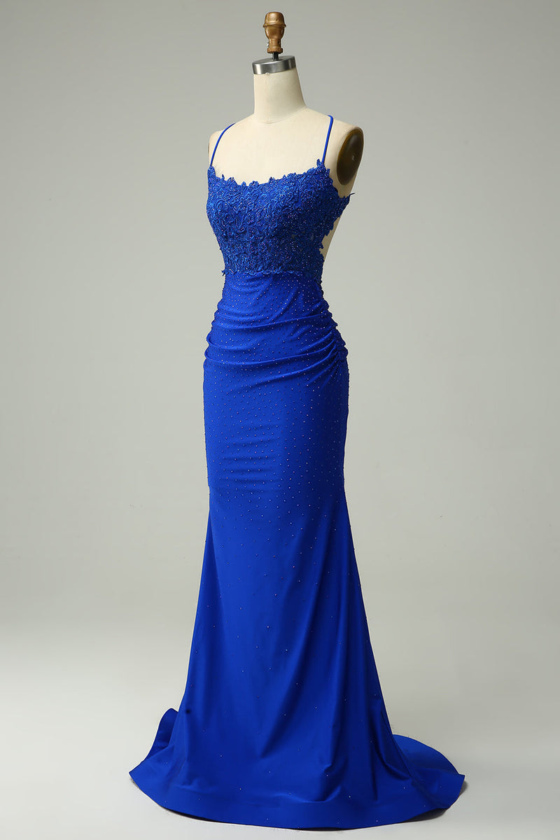 Load image into Gallery viewer, Mermaid Halter Royal Blue Long Prom Dress with Beading