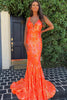 Load image into Gallery viewer, Sparkly Orange Sequin V-Neck Mermaid Long Prom Dress