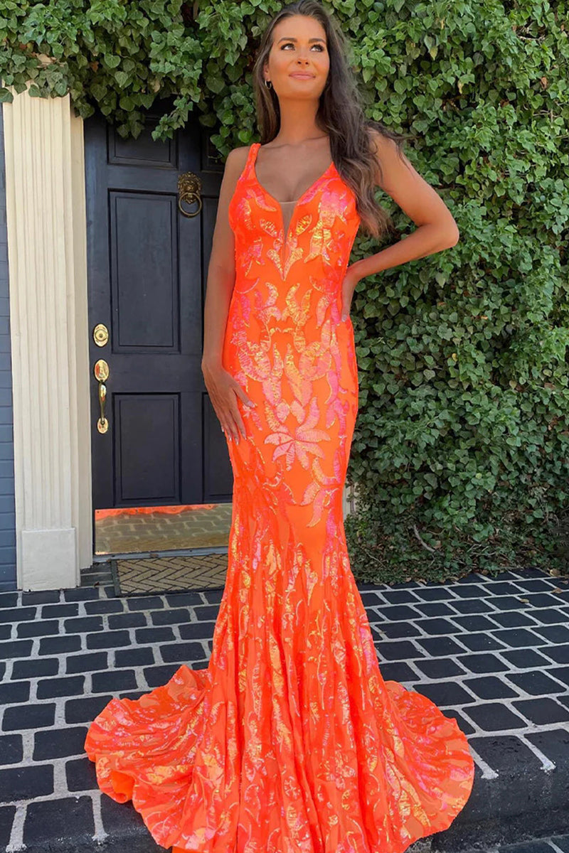 Load image into Gallery viewer, Sparkly Orange Sequin V-Neck Mermaid Long Prom Dress