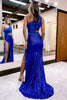 Load image into Gallery viewer, Sparkly Royal Blue One Shoulder Sequins Prom Dress with 3D Flowers