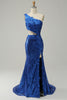 Load image into Gallery viewer, Sparkly Royal Blue One Shoulder Sequins Prom Dress with 3D Flowers