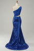 Load image into Gallery viewer, Sparkly Royal Blue One Shoulder Sequins Prom Dress with 3D Flowers