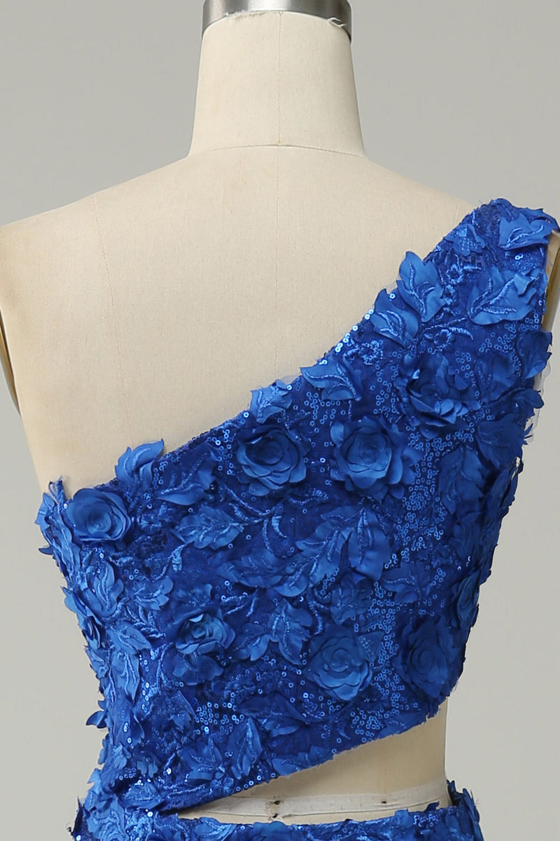 Load image into Gallery viewer, Sparkly Royal Blue One Shoulder Sequins Prom Dress with 3D Flowers