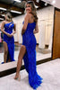 Load image into Gallery viewer, Sparkly Royal Blue One Shoulder Sequins Prom Dress with Feathers
