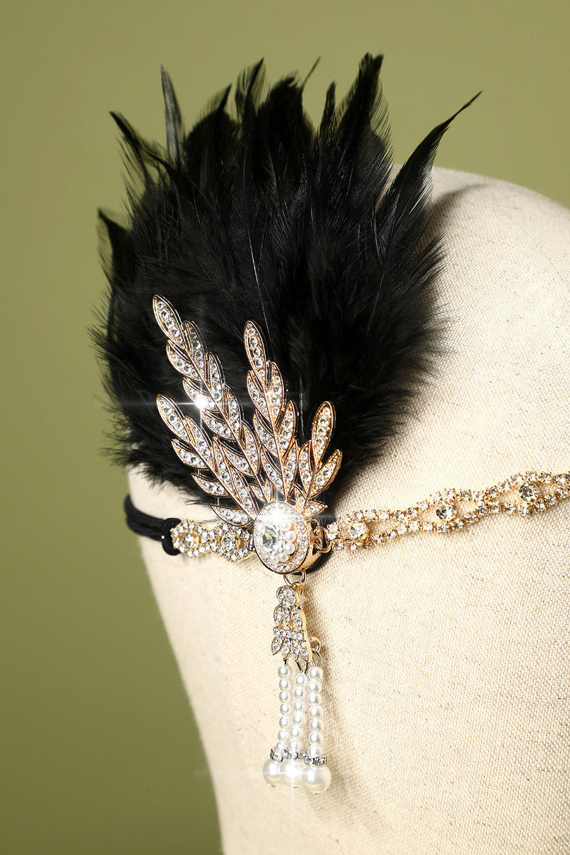 Load image into Gallery viewer, Black Beaded Feather Pearl 1920s Flapper Headband