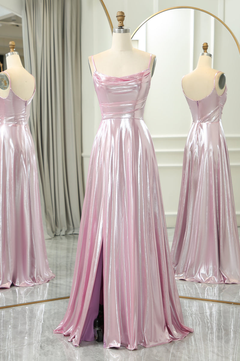 Load image into Gallery viewer, Sparkly Pink A Line Spaghetti Straps Long Prom Dress With Slit