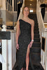 Load image into Gallery viewer, Sheath One Shoulder Navy Sequins Long Prom Dress with Split Front