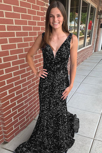 Mermaid Black V-Neck Sequins Long Prom Dress