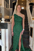 Load image into Gallery viewer, Sheath One Shoulder Navy Sequins Long Prom Dress with Split Front