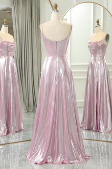 Sparkly Pink A Line Spaghetti Straps Long Prom Dress With Slit