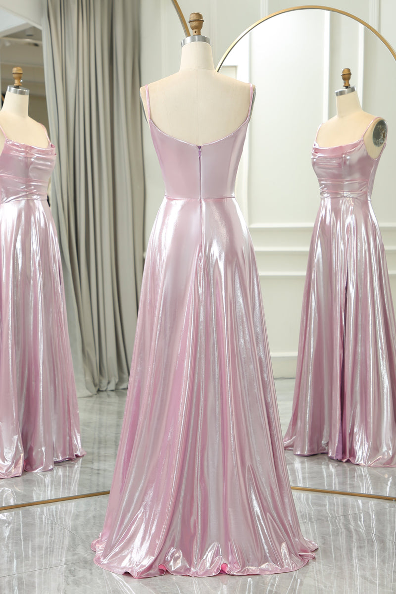 Load image into Gallery viewer, Sparkly Pink A Line Spaghetti Straps Long Prom Dress With Slit