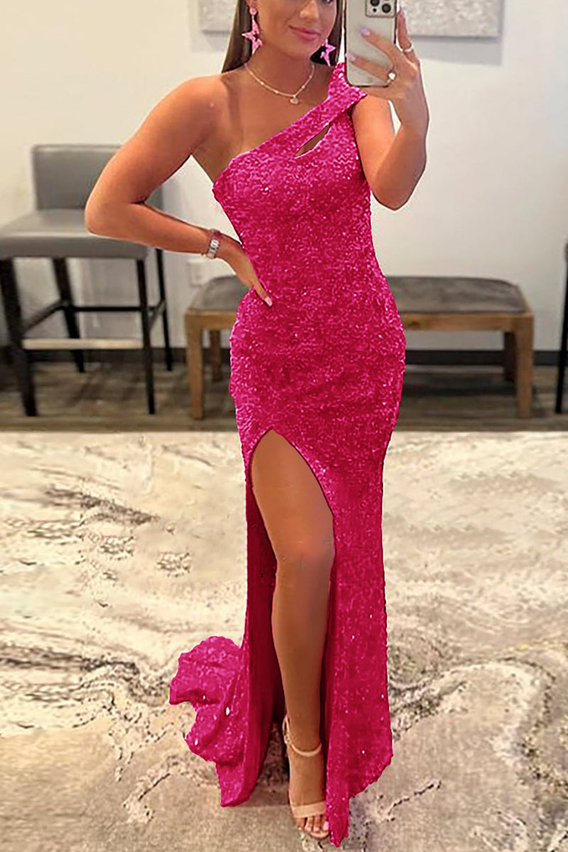 Load image into Gallery viewer, Fuchsia One Shoulder Sequins Prom Dress