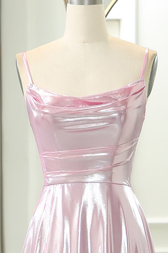 Sparkly Pink A Line Spaghetti Straps Long Prom Dress With Slit