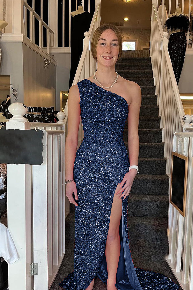 Load image into Gallery viewer, Sheath One Shoulder Navy Sequins Long Prom Dress with Split Front