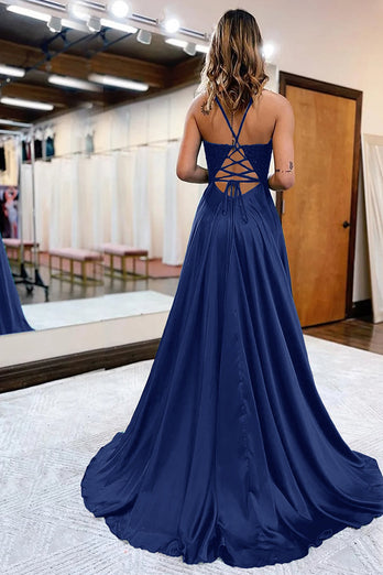 Royal Blue Satin A-Line Appliques Prom Dress with Slit