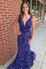 Load image into Gallery viewer, Mermaid Blue V-Neck Sequins Long Prom Dress