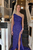 Load image into Gallery viewer, Sheath One Shoulder Navy Sequins Long Prom Dress with Split Front