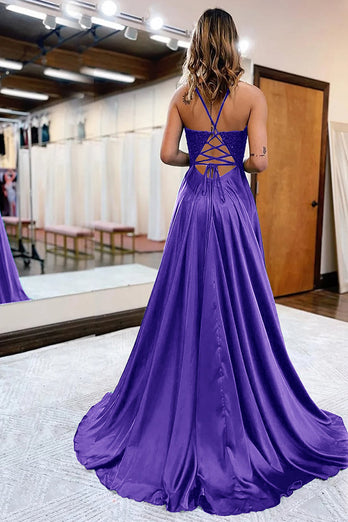 Royal Blue Satin A-Line Appliques Prom Dress with Slit