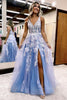 Load image into Gallery viewer, Glitter Blue Lace A-Line Long Prom Dress with Flowers and Pockets