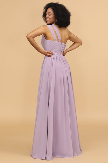 Lilac A Line One Shoulder Long Chiffon Bridesmaids Dress with Ruffles