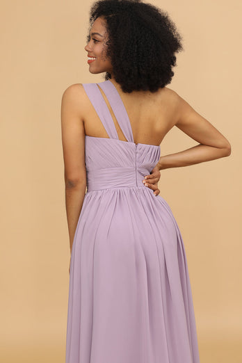 Lilac A Line One Shoulder Long Chiffon Bridesmaids Dress with Ruffles