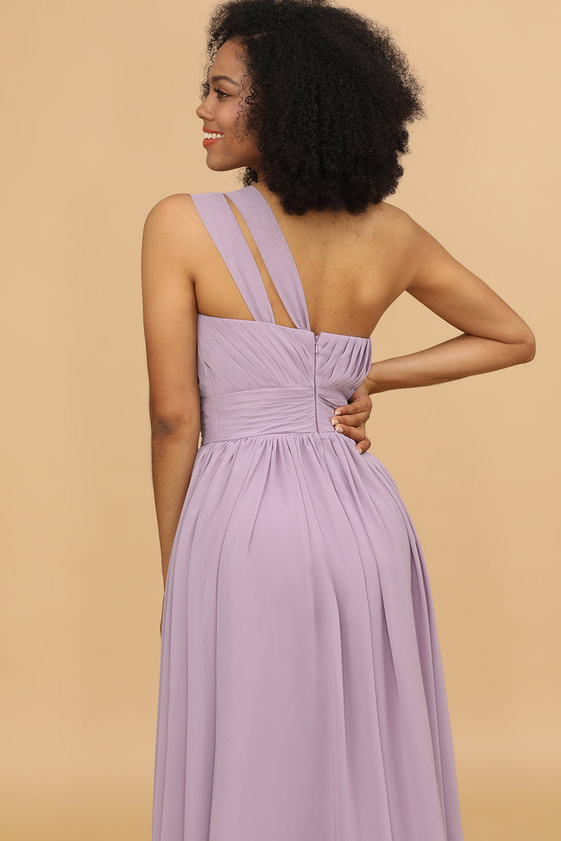 Load image into Gallery viewer, Lilac A Line One Shoulder Long Chiffon Bridesmaids Dress with Ruffles