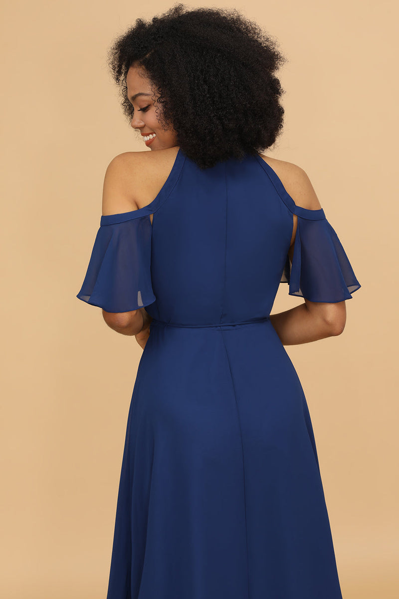 Load image into Gallery viewer, Cold Shoulder Navy Chiffon Bridesmaid Dress with Slit