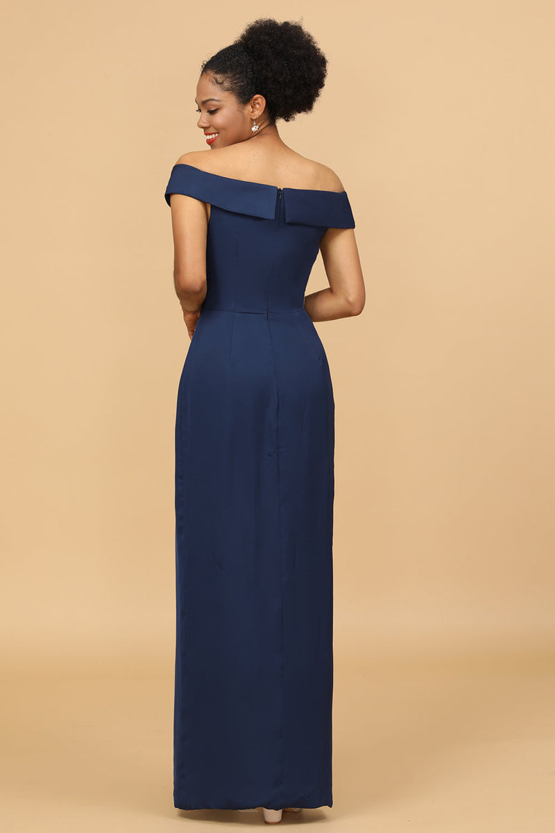 Load image into Gallery viewer, Navy Off The Shoulder Sheath Bridesmaid Dress