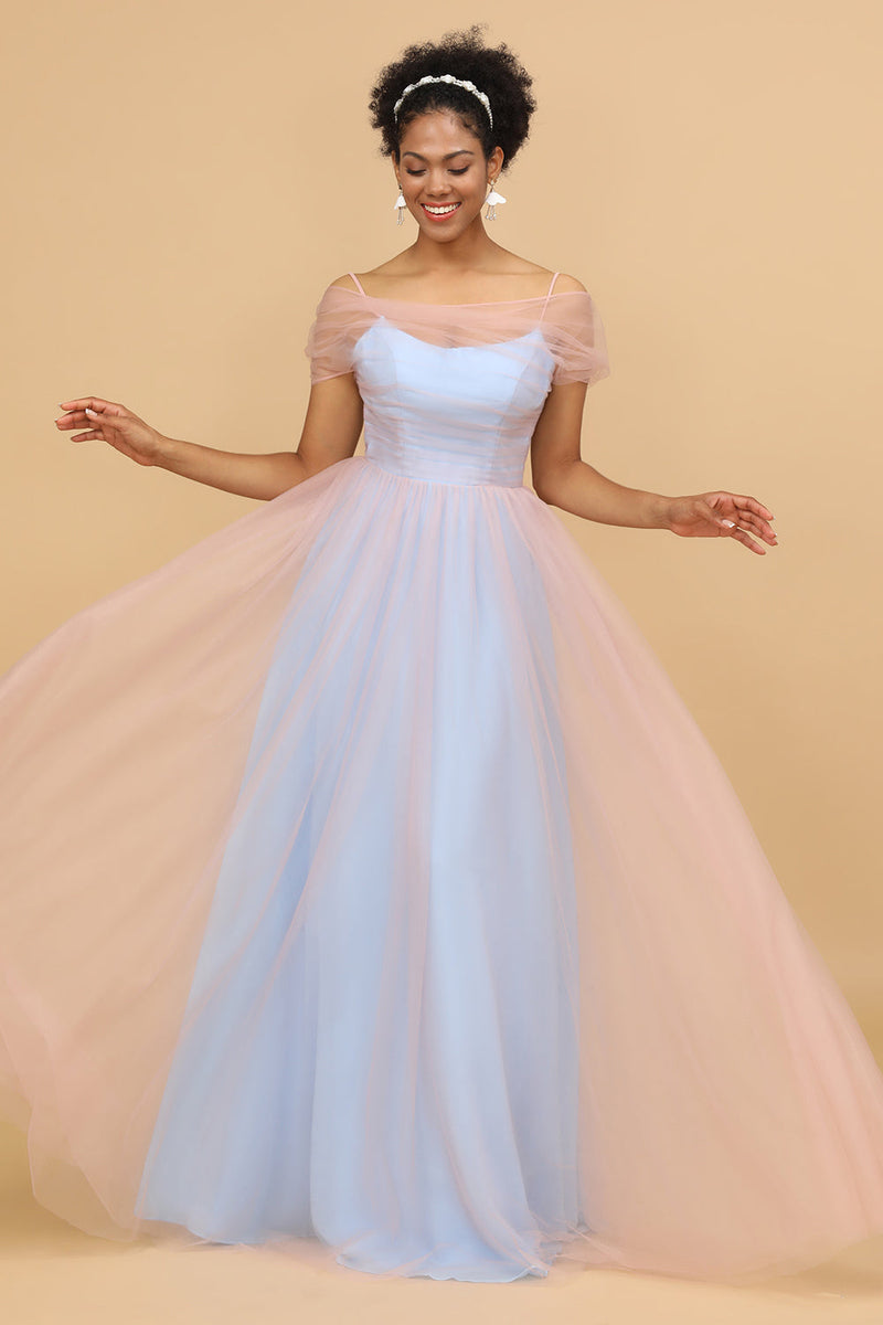 Load image into Gallery viewer, Pink&amp;Blue A Line Spaghetti Straps Tulle Long Bridesmaid Dress