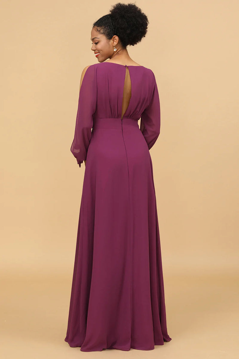 Load image into Gallery viewer, Purple Long Sleeves Cold Shoulder Bridesmaid Dress