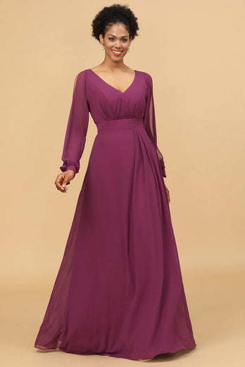 Purple Long Sleeves Cold Shoulder Bridesmaid Dress