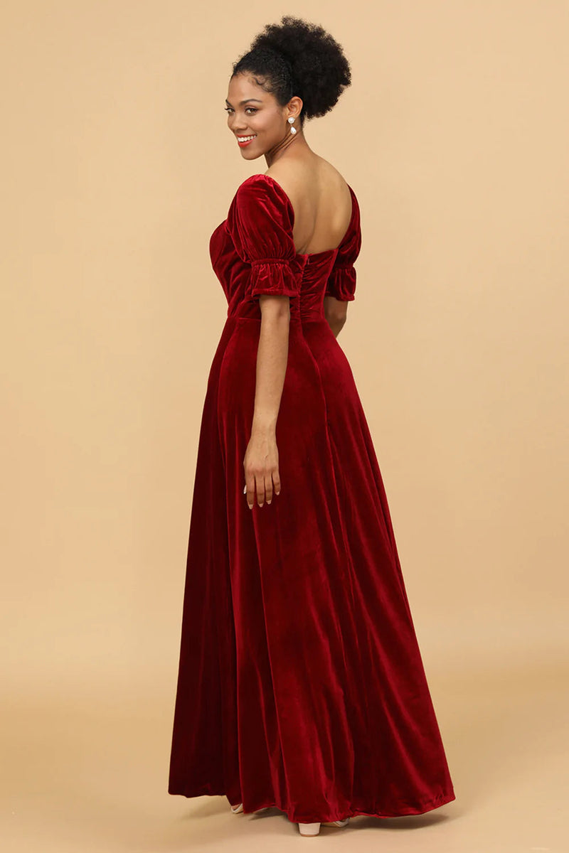 Load image into Gallery viewer, Red Velvet Half Sleeves Bridesmaid Dress With Slit