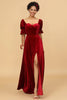 Load image into Gallery viewer, Red Velvet Half Sleeves Bridesmaid Dress With Slit